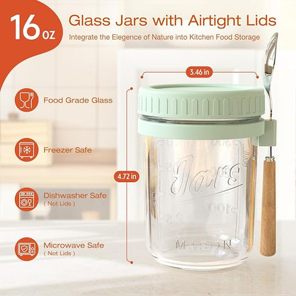 HomArtist 16oz Overnight Oats Containers with Lids and Spoons, 4 Pack Wide Mouth Mason Jars with Airtight Lids, Overnight Oats Jars for Salad, Chia Seed, Cereal, Yogurt