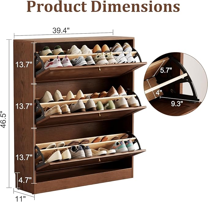 KungFuWood Soild Wood Shoe Storage Cabinet with 3 Flip Drawers for Entryway,Narrow Shoe Rack Cabinet with Adjustable Shelves,Morden Hidden Shoe Organizer,Foyer, Hallway