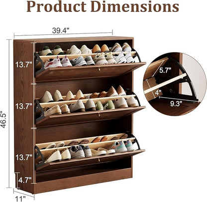KungFuWood Soild Wood Shoe Storage Cabinet with 3 Flip Drawers for Entryway,Narrow Shoe Rack Cabinet with Adjustable Shelves,Morden Hidden Shoe Organizer,Foyer, Hallway
