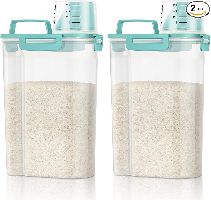 TBMax Rice Container Cereal Storage Container 2 Pack 5 Lbs, Kitchen Pantry Dry Food Storage Holder with Easy-Pouring Spout & Handy Cup, Small Pet Dog Cat Food Dispenser for Daily Feeding -Cyan