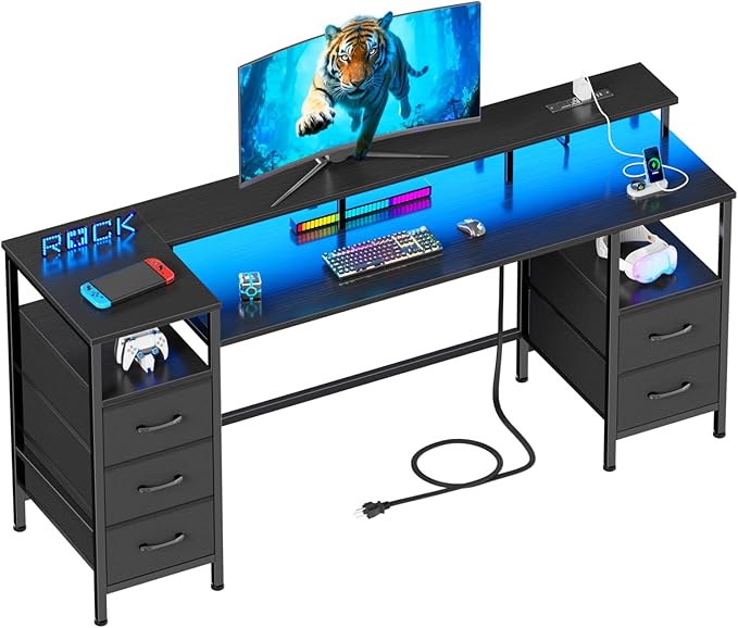 61 Inch Computer Gaming Desk with Power Outlets & LED Lights Reversible Home Office Desk with Adjustable 5 Fabric Storage Drawers for Working Writing Study, Black