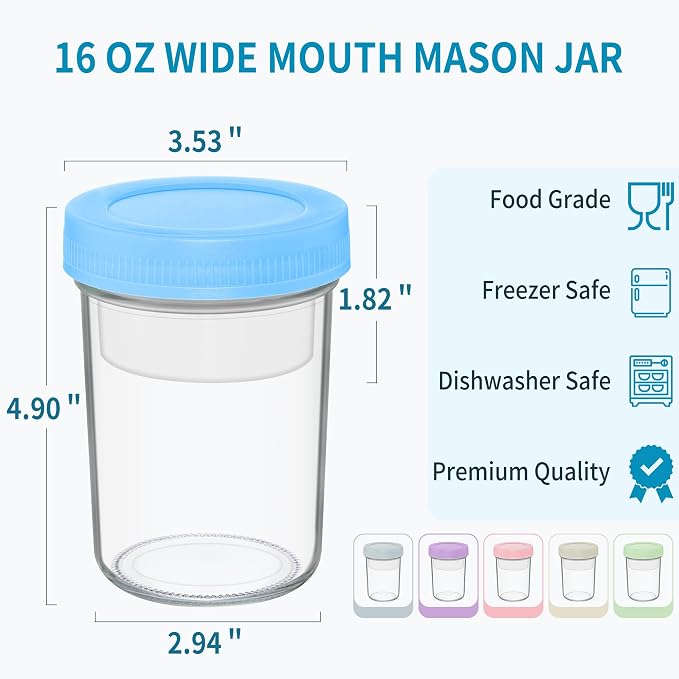Xyptorix 16 oz Overnight Oats Containers with Airtight Lids - 6-Pack Leak-Proof Wide Mouth Mason Jars & Divided Cups for Dried and Wet Foods, Glass Jars for Chia Pudding, Salad, Snacks, and Yogurt