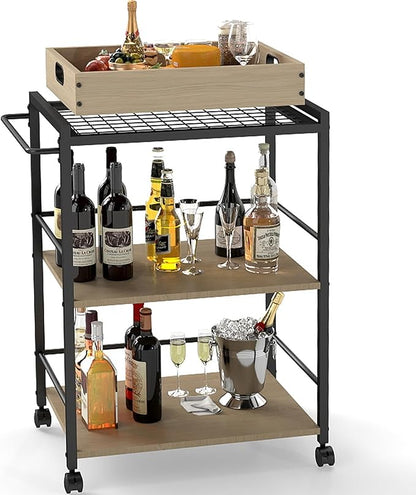 3 Tier Kitchen Cart, Rolling Bar Cart for Tea, Coffee, Liquor, and Drink Service with Removable Serving Detachable Server, Natural Oak
