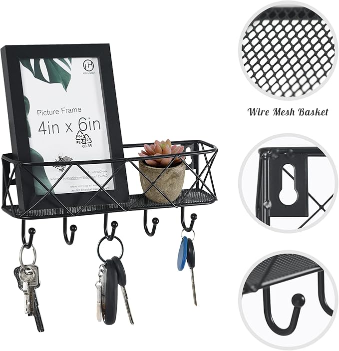 HappyHapi Key Holder for Wall Decorative, Entryway Key Hooks, Wall Mounted Key Rack with 5 Hooks, Metal Wire Mesh Basket Mail Holder, 9.8”Lx2.1”Wx4.1”H