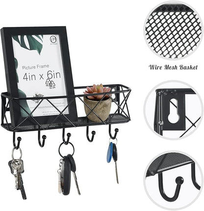 HappyHapi Key Holder for Wall Decorative, Entryway Key Hooks, Wall Mounted Key Rack with 5 Hooks, Metal Wire Mesh Basket Mail Holder, 9.8”Lx2.1”Wx4.1”H