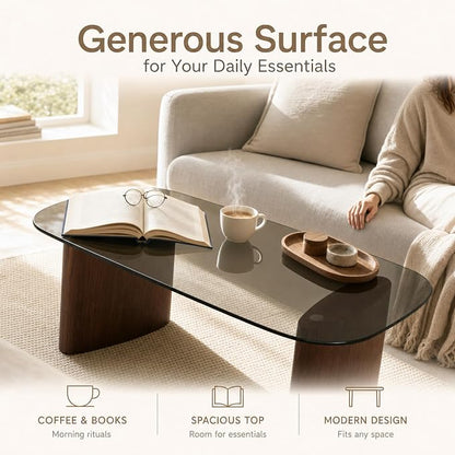 Modern Glass Coffee Table, Coffee Table for Living Room,Tempered Glass-top with Sturdy Wooden Base, Modern Coffee Tables for Small Space, Apartment, Office, Minimalist Design (Walnut)