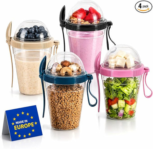 Overnight Oats Containers With Lids & Spoon, Meal Prep Yogurt Containers, Parfait Cups With Lids, Large Capacity Crunch Cup, 20 Oz BPA Free Reusable Cups(Set Of 4)