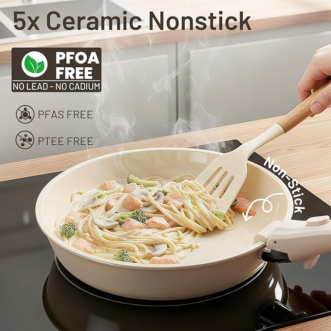 KIKCOIN Ceramic Cookware Set Non Stick Pots and Pans Set Detachable Handle - 25 Pack Stackable Cooking Set for RV Kitchen - Induction Ready - Dishwasher and Oven Safe