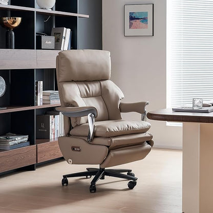 EMIAH Ergonomic Office Chair with Foot Rest Electric Executive Office Chair Reclining with Massage Big and Tall High Back Computer Chair with Wheels, Genuine Leather (Light Khaki)