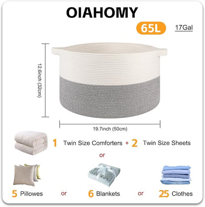 OIAHOMY Large Blanket Basket for Living Room, 19.7" x 12.6" Woven Cotton Rope Laundry Basket for Organizing Pillows, Decorative Stuffed Animal Toy Storage for Nursery, White and Light Grey