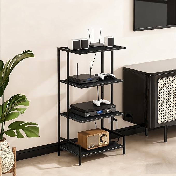 Arbuxzuy 4-Tier AV Media Stand with Power Outlet and LED Lights,Wooden Stereo Stand Cabinet,Game Console Shelf for Small Space,Audio Rack Stand Tower Ideal for Video DVD Players,Xbox