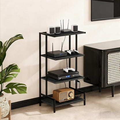 Arbuxzuy 4-Tier AV Media Stand with Power Outlet and LED Lights,Wooden Stereo Stand Cabinet,Game Console Shelf for Small Space,Audio Rack Stand Tower Ideal for Video DVD Players,Xbox