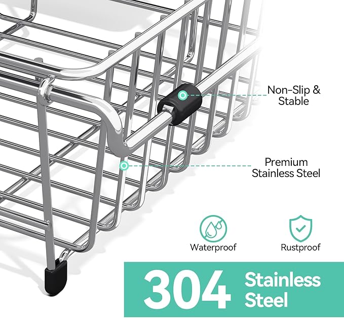 Urackify Dish Drying Rack in Sink, 304 Stainless Steel Expandable (15.35"-23.23"L) Over the Sink Dish Rack with Utensil Holder for Compact Kitchen, Space - Saving Dish Drainer for Inside Sink, Silver