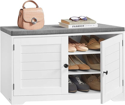 VASAGLE Shoe Storage Bench with Cushion, 3-Tier Entryway Bench with Padded Seat, Doors, Adjustable Shelves, 14 x 31.9 x 20.7 Inches, for Hallway, Bedroom, Cloud White and Dove Gray ULSB034W01