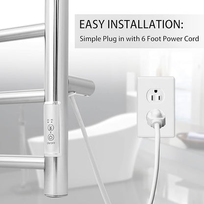 KEG Towel Warmer Wall Mounted with Built-in Timer 4 Bars Electric Stainless Steel Heated Towel Racks for Bathroom, Hot Plug-in Bath Towel Heater Polish Chrome