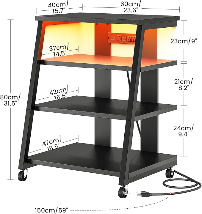 CHOEZON 4-Tier AV Media Stand with Wheels, Stereo Stands, Media Console Shelf with Power Strips, LED Lights, Wooden Audio Cabinet Rack Tower for Record Player/Apple TV/ps4, Black TCJ60UDBB