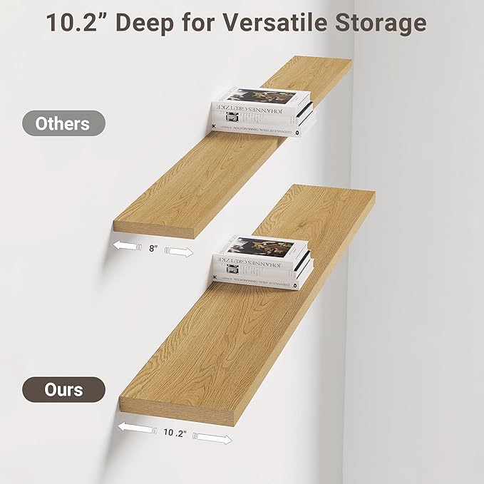 Vivelove 10" Deep Floating Shelves with Invisible Brackets, 47" Wall Shelves for Bathroom Bedroom Kitchen Living Room Laundry Room, Modern Rustic Shelves for Home Decor, 47.2"x10.2"x1.5"Set of 2, Oak