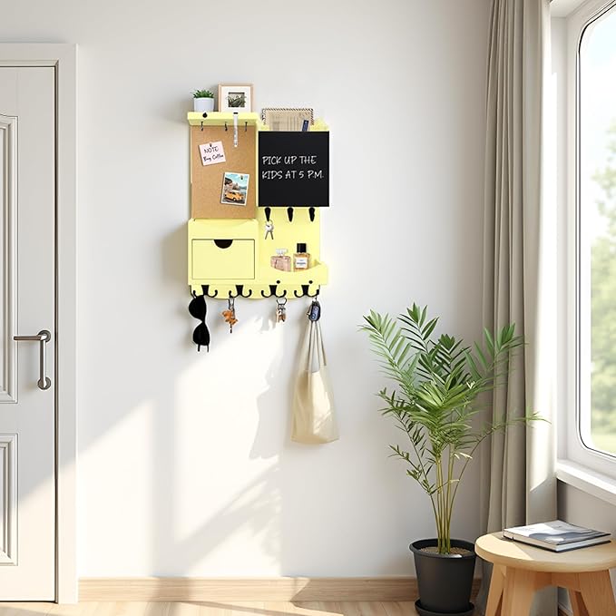 Key Holder Wall Mount， Mail Organizer Key Holder for Wall with Shelf, Drawer, Chalkboard, Corkboard, Home Decor Wall Mounted for Room Entryway (Ivory Yellow)