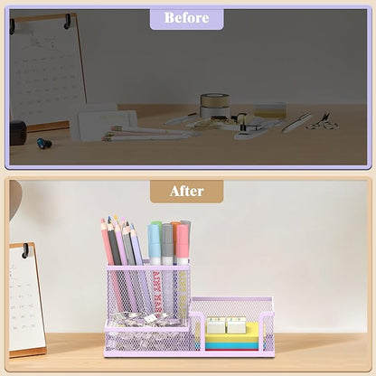 SUPEASY Mesh Pen Holder Desk Organizer, Office Supplies Pencil Storage with 3 Compartments, Office Desk Accessories and Workspace Organizers for Home School, Purple