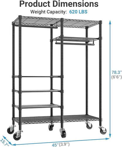 VIPEK R4 Garment Racks Heavy Duty Clothes Rack -620lb Capacity Metal Frame, Rolling Lockable Wheels & 6 Tiers Adjustable Height Shelves & Hanger Rods, Sturdy Wardrobe Closet for Home Storage, Black