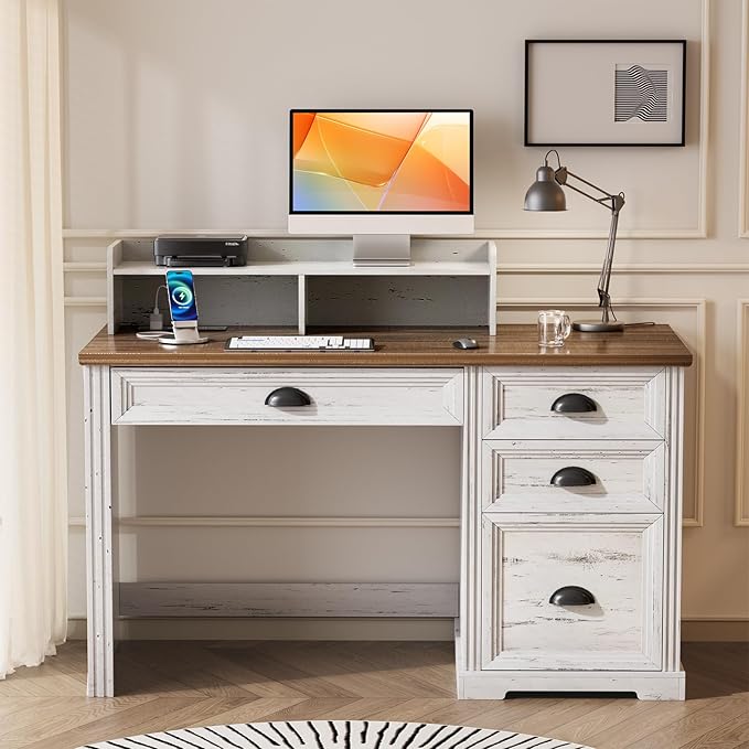 FREDEES Farmhouse Computer Desk with Monitor Stand, 47 in Home Office Desk with LED & Power Outlets, Executive Desk with Drawers for Working Gaming, Writing Table for Bedroom, Antique White