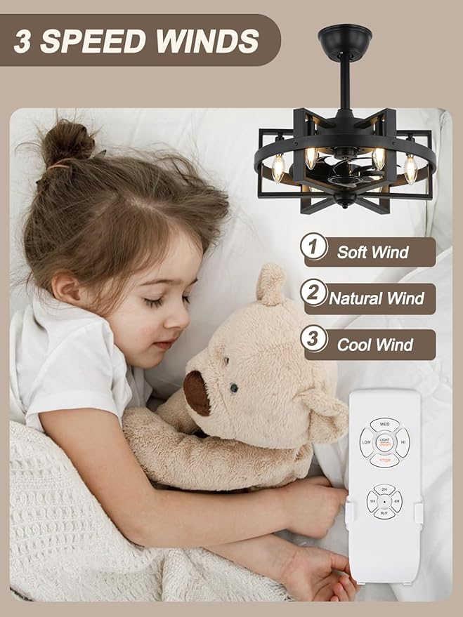 Black Caged Ceiling Fan with Light, 18.5" Modern Ceiling Fan with Lights and Remote, 6-Light Low Profile Ceiling Fans for Bedroom Living Room