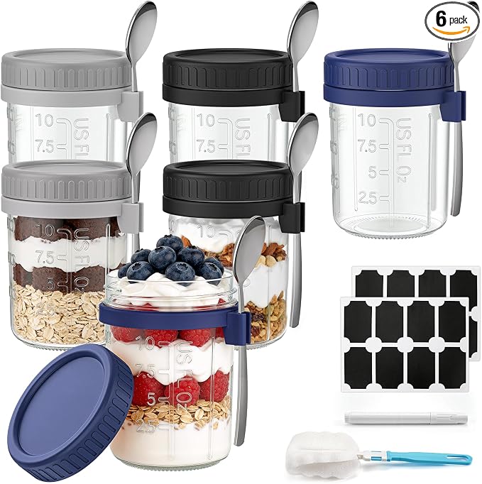 6 Pack Overnight Oats Containers with Lids and Spoons, 16 oz Airtight Oatmeal Container with Measurement Marks, Overnight Oats Jars Large Capacity Airtight Jars for Milk, Cereal, Fruit