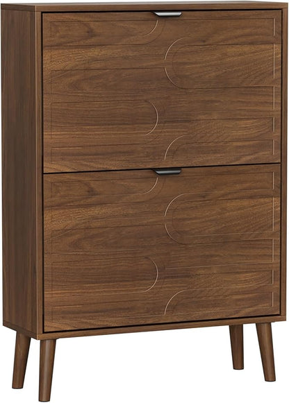 Vibe & Dine Shoe Cabinet with 2 Flip Drawers, Modern Shoe Storage Organizer for Entryway Slim, Freestanding Wood Shoe Rack Cabinet for Hallway, Bedroom, Living Room, Walnut