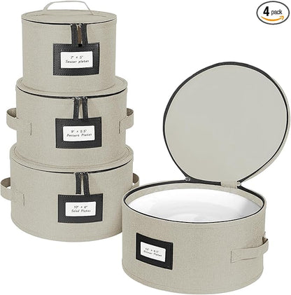 BALEINE China Storage Containers, Sturdy Quilted Wine Glass Storage, Plate Organizer with Carry Handles, Moving Boxes for Dishes, Cups, Mugs and Stemware (Plate, Hard Shell Cream)