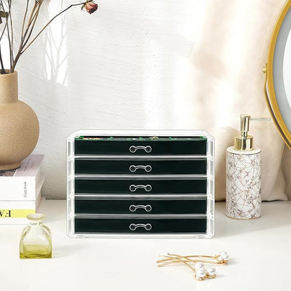 ProCase Earring Holder Organizer Jewelry Box with 5 Drawers, Acrylic Clear Earring Case with Adjustable Velvet Trays for Women - Emerald, 5 Layers