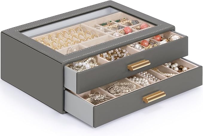AKOZLIN Jewelry Box with Clear Lid Functional Leather Jewelry Storage Organizer Case 2 Drawers for Women Girls Necklace Ring Bracelet Earring