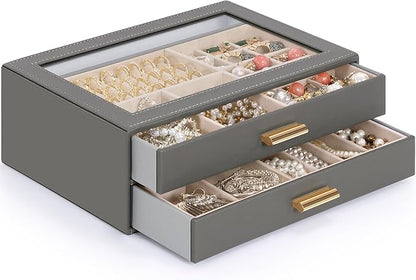 AKOZLIN Jewelry Box with Clear Lid Functional Leather Jewelry Storage Organizer Case 2 Drawers for Women Girls Necklace Ring Bracelet Earring