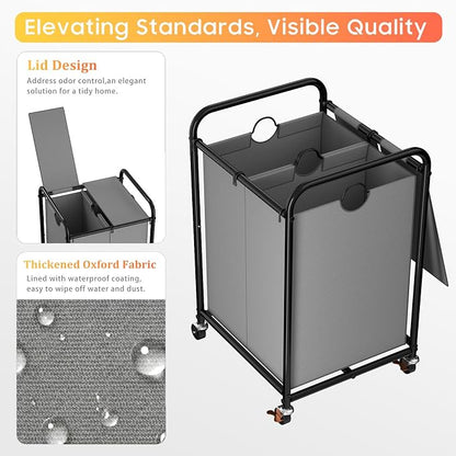 120L (31.7 Gal) Laundry Sorter 2 Section, Rolling Laundry Basket with Lockable Wheels and Lid, Laundry Hamper with 2 Separated Removable Bags Dirty Clothes Hamper for Laundry Room Organizer, Grey