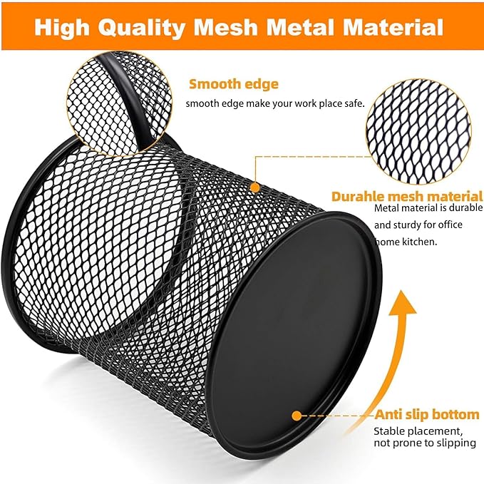 Pen Holder Mesh Pencil Holder Metal Pen Holder Pencil Holder for Desk Office Pen Organizer Black, 8 Pack