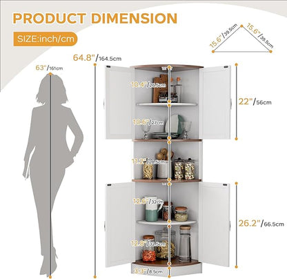64.8" Farmhouse Corner Cabinet, Dining Room Tall Corner Cabinet with 4 Barn Doors and 5 Storage Shelves, Bar Storage Cabinets for Kitchen, Living Rooms, Laundry Room White