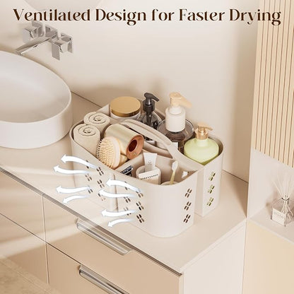 Portable Shower Caddy with Handle, Large Capacity Shower Basket Organizer, Quick-Drain Bathroom Storage Tote, Durable Plastic Shower Organizer for College Dorm, Beach, Gym, Travel Essentials, Beige