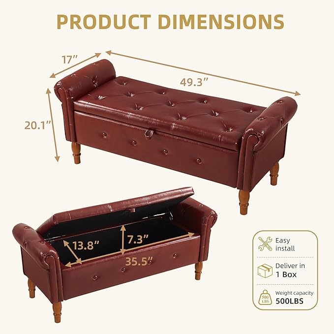 Storage Ottoman Bench, 50" Modern Upholstered End of Bed Bench, Faux Leather Rolled Armed Button-Tufted Ottoman with Storage for Living Room, Entryway, Window, Burgundy