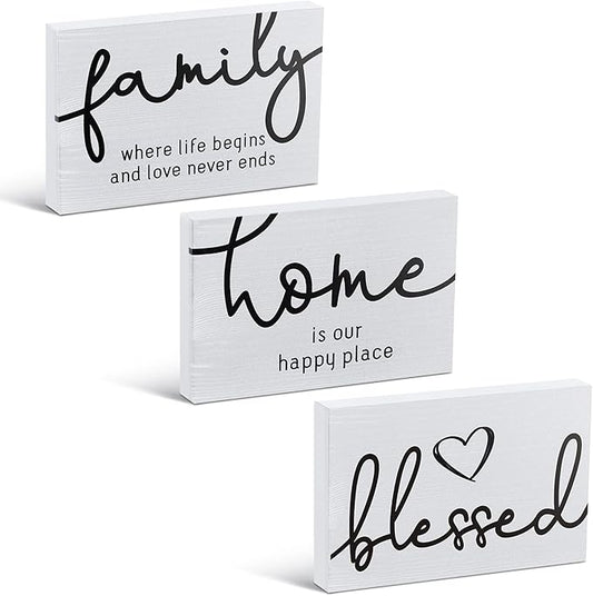 Jetec 3 Pcs Family Home Blessed Rustic Wood Sign Mini Wood Decorative Farmhouse Woodworks Table Shelves Decorations Sign for Bedroom Kitchen Living Room Table Decor(White,4.25 x 2.76 x 0.59 in)