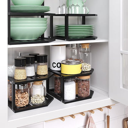 VERTORGAN Bamboo Corner Shelf(3 Pack),2 Tier Plate Organizer for Cabinet and Countertop,Pantry Dish and Spice Rack for Kitchen(Black)