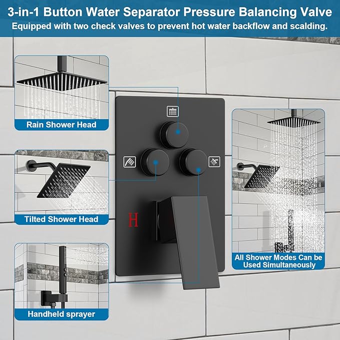 Shower Faucet Set Black Shower System, Ceiling Mount 10 Inch Shower Head With Wall Mount 6 Inch Shower Head and 2 in 1 Handheld Spray, Push Button Diverter Shower Valve Trim Kit Complete