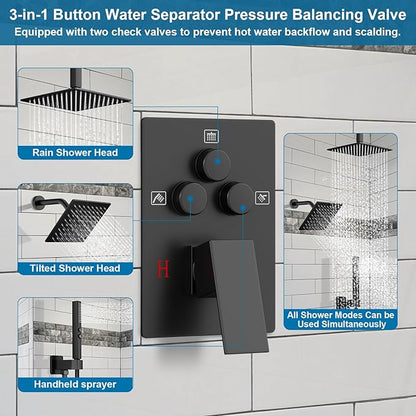 Shower Faucet Set Black Shower System, Ceiling Mount 10 Inch Shower Head With Wall Mount 6 Inch Shower Head and 2 in 1 Handheld Spray, Push Button Diverter Shower Valve Trim Kit Complete