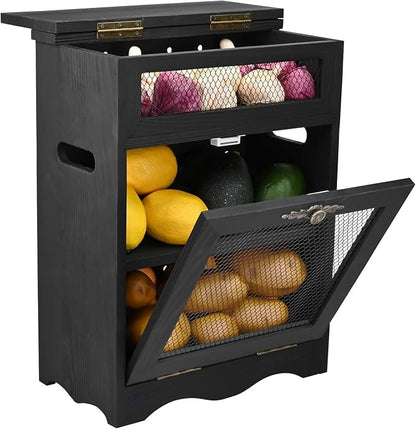 Ikee Design Free Assemble Wooden Countertop Potato and Onion Storage Bin Box, Countertop Cabinet, Wooden Bread Boxes, Potato Storage, Coffee Station,11.8W x 6.8D x 16H in, Black Color