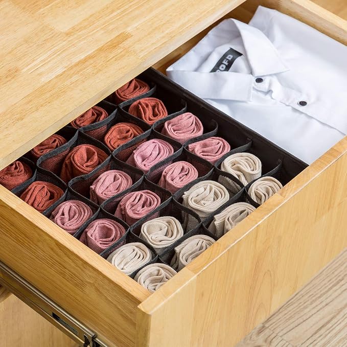 Qozary 2 Pack Socks Underwear Drawer Organizer Divider, 24 Cell or 16 Cell Collapsible Cabinet Closet Organizer Storage Boxes for Clothes, Socks, Lingerie, Underwear, Ties