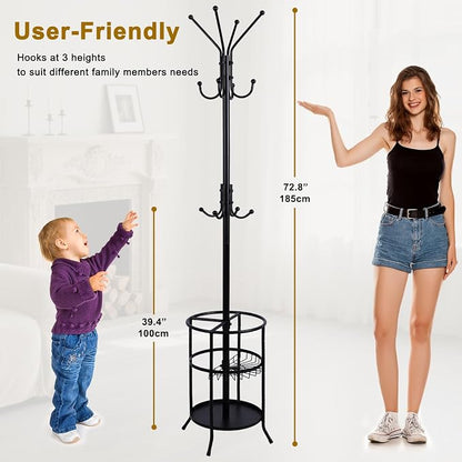 Freestanding Coat Rack with Umbrella Holder,Metal Coat Tree with 12 Hooks for Hanging Coat,Hats,Bag, Black Modern Coat Rack Stand Umbrella Stand for Entryway, Living Room, Bedroom, Office