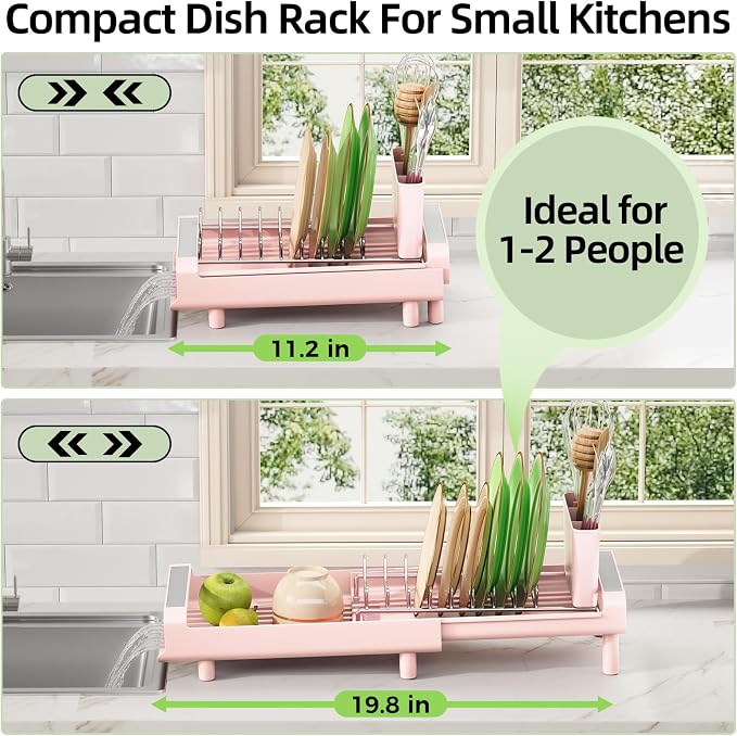 TOOLF Small Dish Drying Rack, Mini Expandable Compact Dish Rack, Slim Extendable Stainless Steel Dish Drainer for Kitchen Plate Storage, Space Saving Dish Strainer in Sink or on Home Countertop, Pink