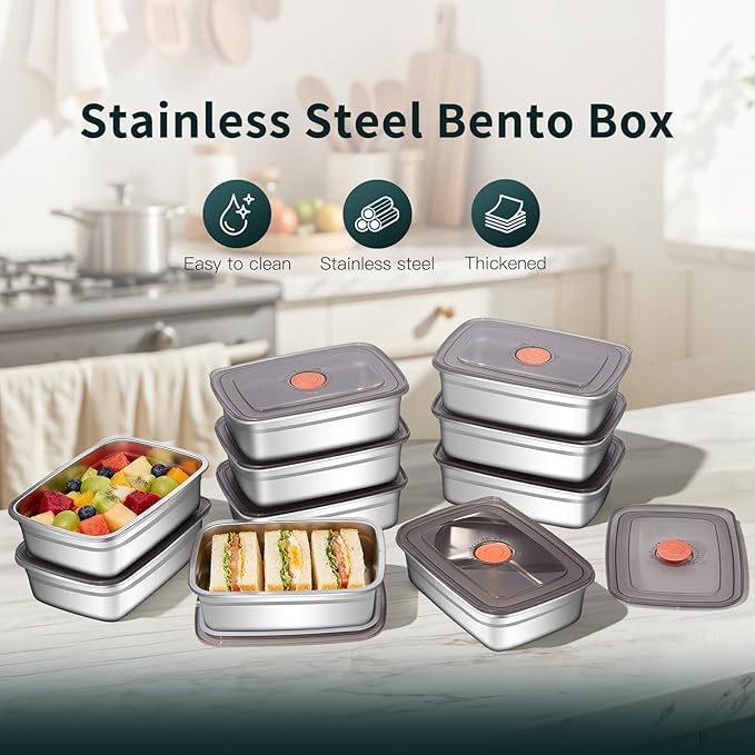 10 Pack Stainless Steel Food Storage Containers with Leak-Proof Lids, 37oz Reusable Metal Meal Prep Lunch Boxes, Stackable, Dishwasher Safe for Snacks, Fruits & On-the-Go Meals, BPA-Free