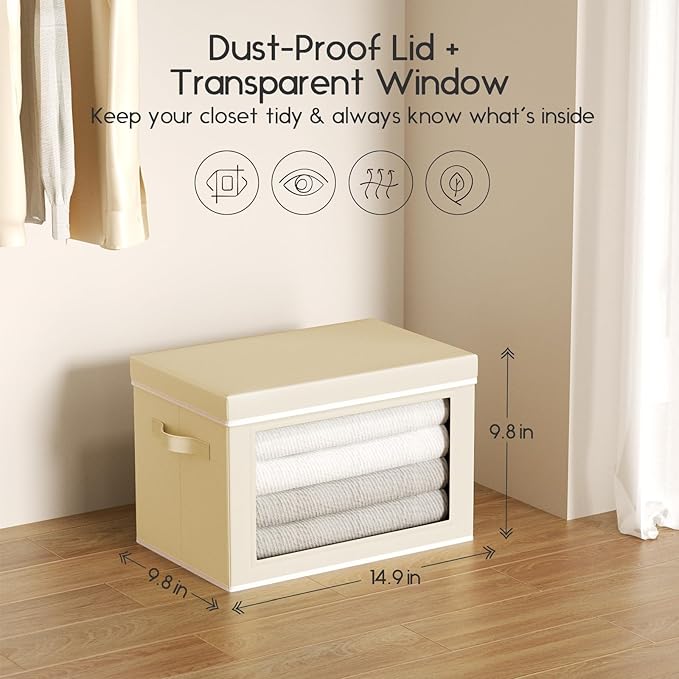 Collapsible Storage Bins with Lids - Stackable Storage Containers with Window, 6 Pack Fabric Organizing Bins for Closet, Home & Office Organization Baskets, Beige, 14.9" x 9.8" x 9.8"