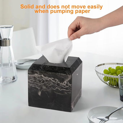 WORHE Tissue Box Cover Italy Natural Marble Heavy Duty Square Facial Toilet Paper Holder for Bathroom Living Room Bedroom Dresser Kitchen Minimalistic Office Home Decor Black (WH013)