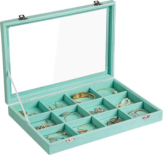 Frebeauty Velvet Jewelry Tray,12 Grid Jewelry Organizer with Clear Lid,Bracelets Holder,Jewelry Display Case with Clasp,Drawer Insert Bangle Brooch,13.8 x 9.5 x 2 Inches,Gift for Women Girl(Turquoise)