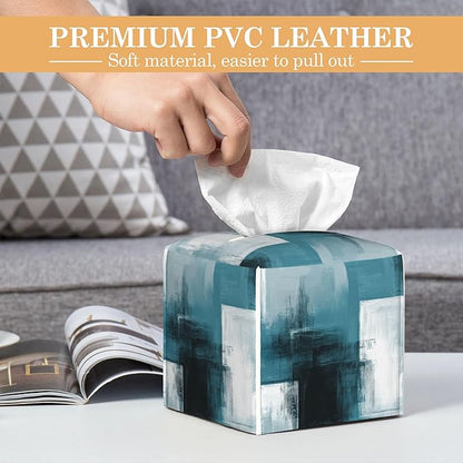 Turquoise Grey Abstract Tissue Box Cover Holder,Leather Tissue Case Holder Facial Paper Organizer Decorative for Tabletop Night Stands Desk Bathroom Kitchen Car Office Home Decor
